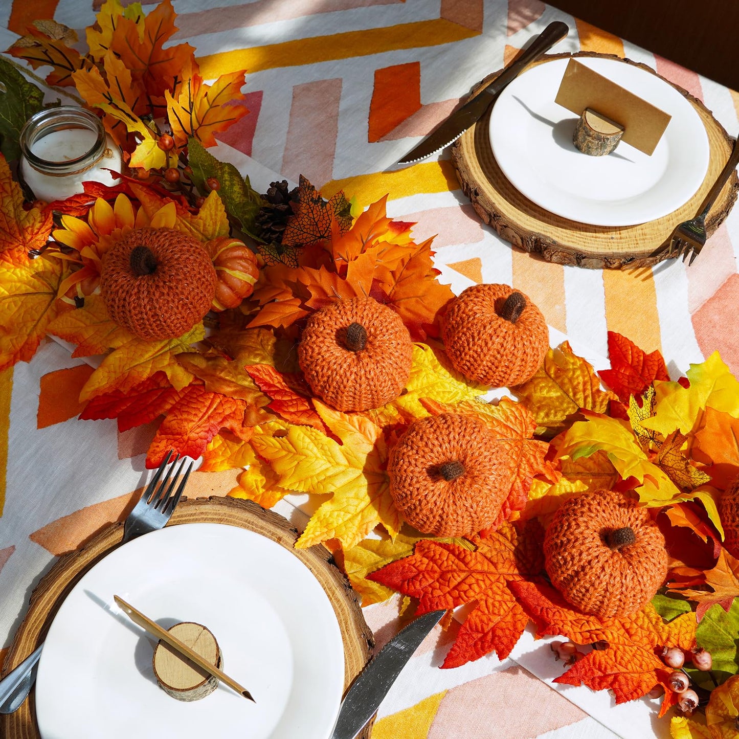Winlyn Set of 6 Faux Fall Orange Crochet Pumpkins - Small Knit Foam Pumpkins for Rustic Farmhouse Decor, Harvest, Thanksgiving, Halloween, Autumn Table, Bowl, Tiered Tray, Mantel