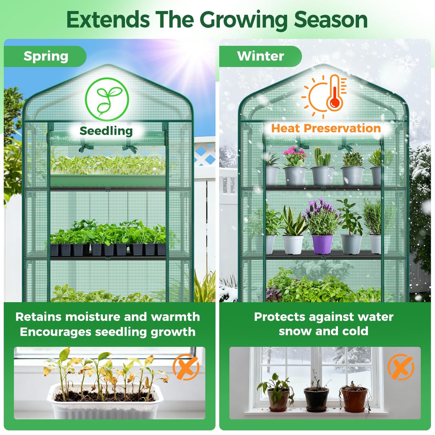 Ohuhu Small Greenhouse for Indoor Outdoor with Wheel, Portable Plastic Plant Green House 4-Tier Rack Stand Portable Greenhouses with Durable PE Cover for Seedling