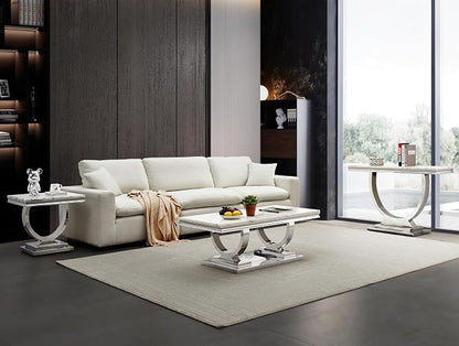 4 Piece Living Room Table Set Include 1 Faux Marble Coffee Table & 2 End Tables& 1 Console Table, Modern White Silver Coffee Table Set of 4 with Double O Shape Stainless Steel Pedestal Base