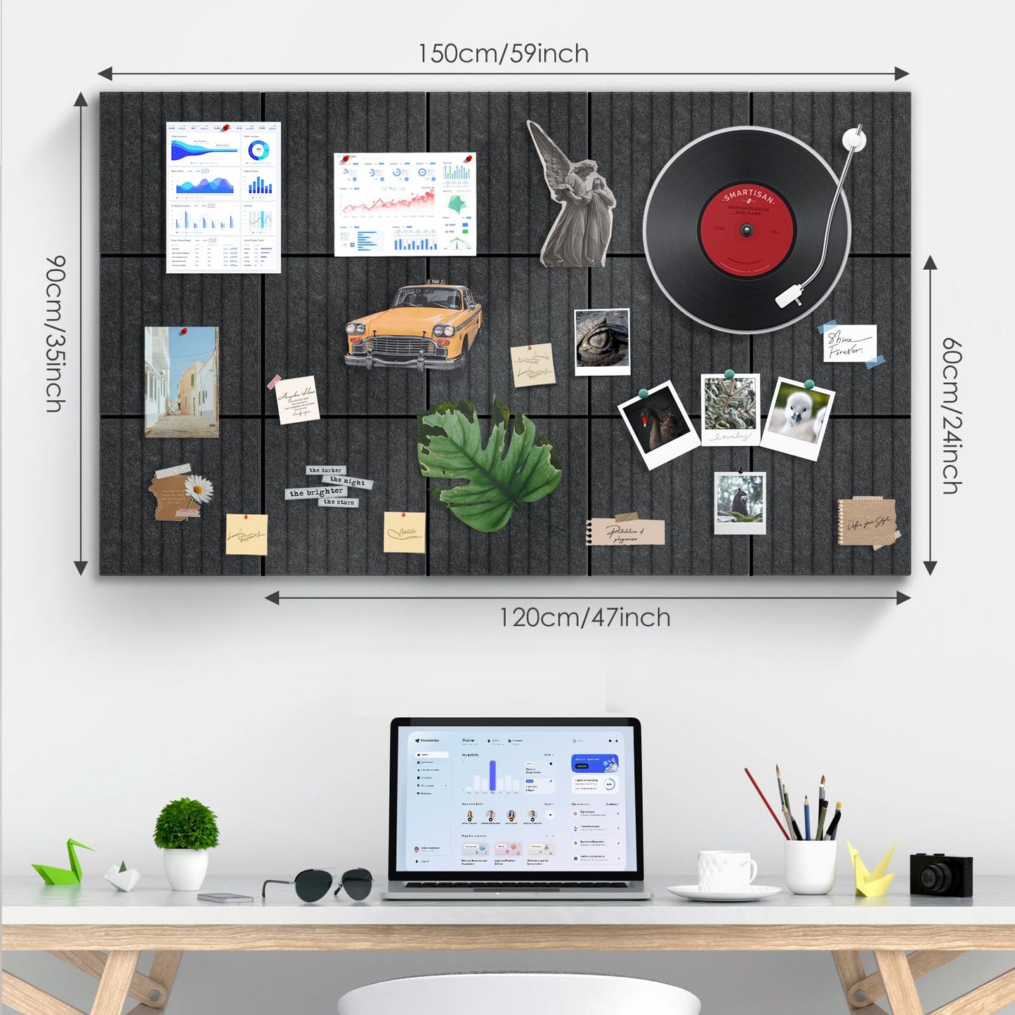 Bulletin Board 47" X 24" Cork Boards for Wall Alternative 8 Pack Grey Fine-Stripe Felt Bulletin Board 48 Safe Adhesive 35 Push Pins for Office School Home Room Decor