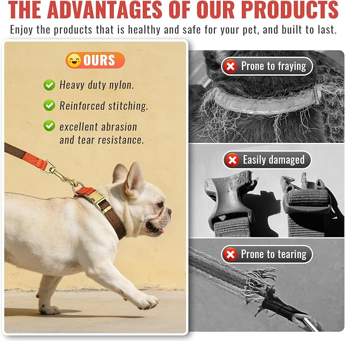 Nylon Dog Leash and Collar Set with Metal Quick Release Buckle, Adjustable, Durable High-Density Fabric, Breathable, Soft and Comfortable, No Pull for Walking and Training, Brown, M (12.5"-19.6")