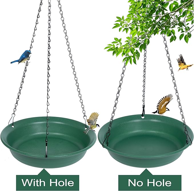 VUWEZ Hanging Bird Feeder & BirdBath for Outdoors, Wild Bird Feeders Tray, Hanging Birdbaths Trays for Outside, Cardinal, Blue Jay, Crow, Birdfeeders Outside (8", 1 Pcs with Hole & 1 Pcs No Hole)