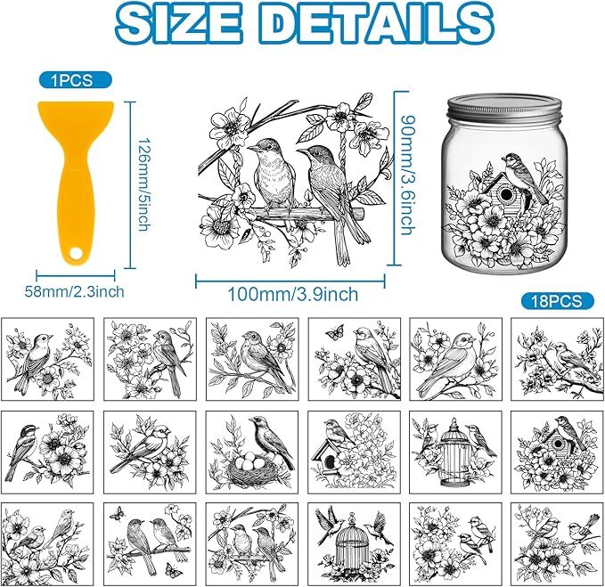 GLOBLELAND 18 Sheets Black and White Flowers Birds Transfer Stickers