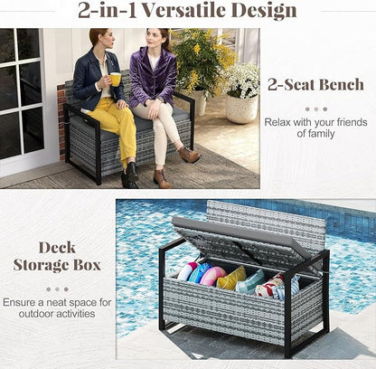 RELAX4LIFE Wicker Outdoor Bench with Storage - Rattan Deck Box w/Protective Liner for Pillows, Pool Supplies, Garden Tools, Patio Loveseat with Seat Cushion & Metal Armrests for Backyard Porch Balcony