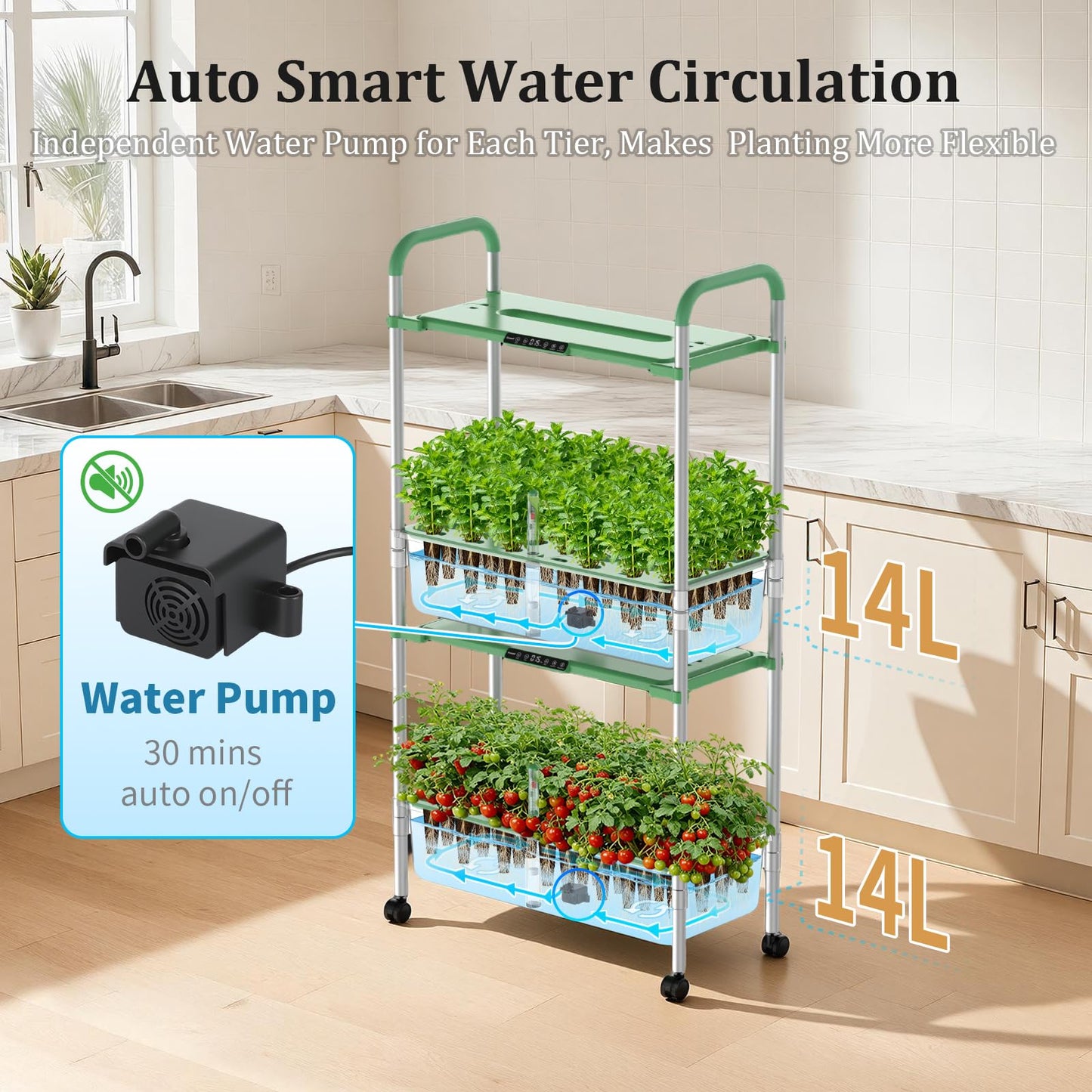 Growell Hydroponics Growing System Kit, 54 Pods Vertical Indoor Herb Garden with Smart LED Grow Light, Auto Circulating Water Pump Each Tier, 28L Hydroponic Gardening Systems for Ideal Gifts (Green)
