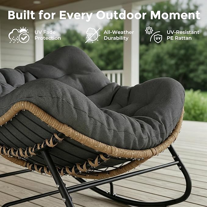 SWITTE Outdoor Papasan Rocking Chair, Oversized Patio Egg Chair