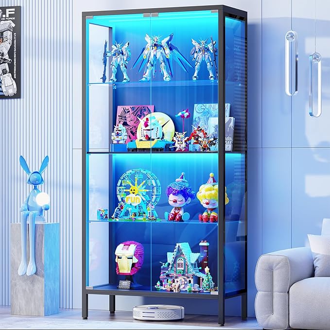 Display Cabinet with Glass Doors, 4-Tier Curio Cabinet with 3 Color Lights