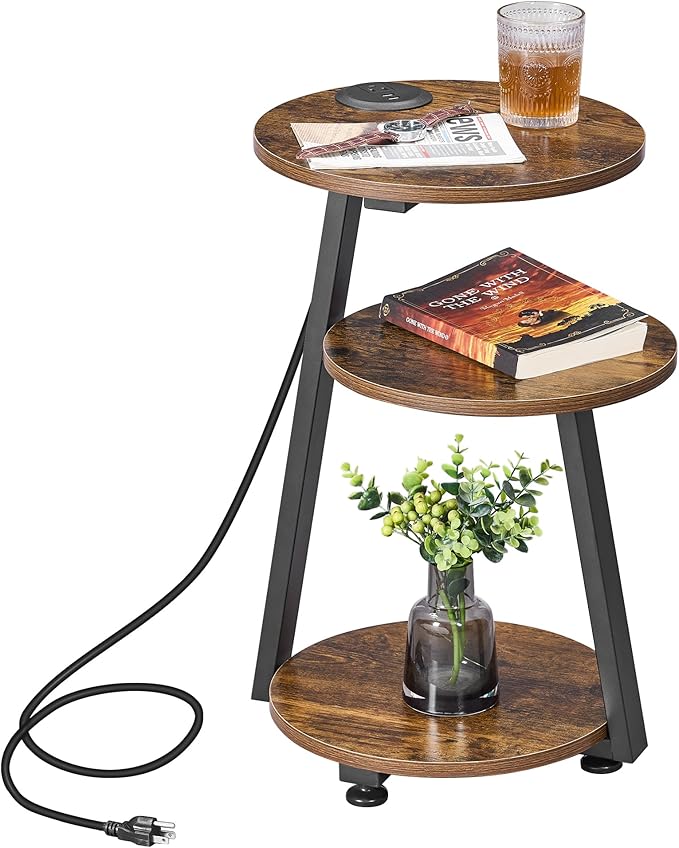 BEWISHOME Round End Table with Charging Station, Side Table Accent Nightstand