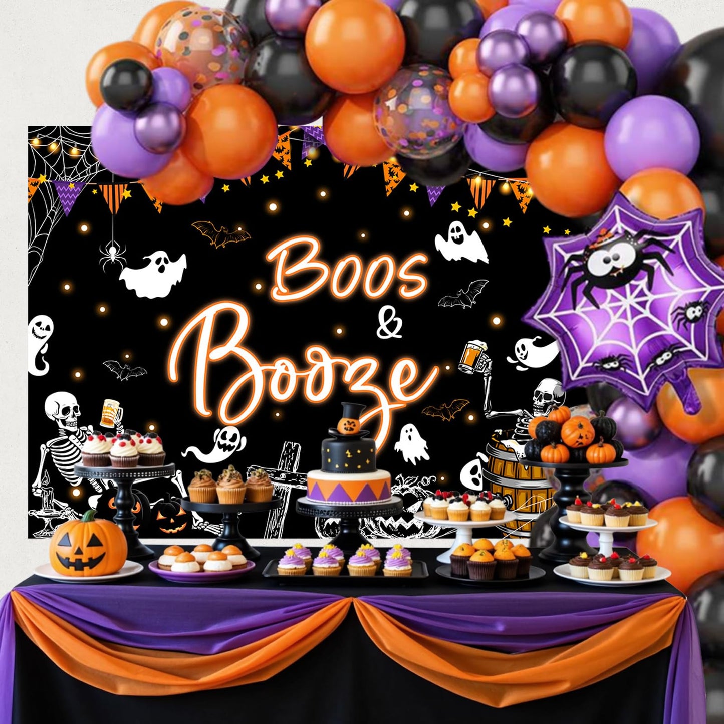 Mocsicka Halloween Boos and Booze Backdrop Skeleton Halloween Banner for Adult Cocktails Party Background for Photography Ghost Spooky Party Supplies (Black, 7x5ft(82"x60"))