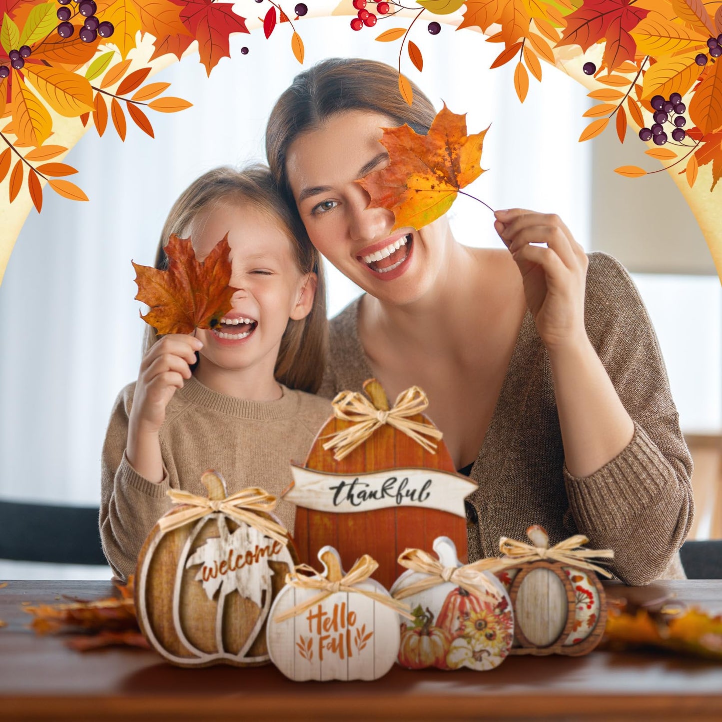 GlikCeil 5 Pcs Fall Brown Pumpkin Decor for Home Thanksgiving Wooden Table Centerpiece Decorations Fall Wooden Pumpkin Signs for Autumn Farmhouse Home Living Room Kitchen Mantle Tabletop Supplies