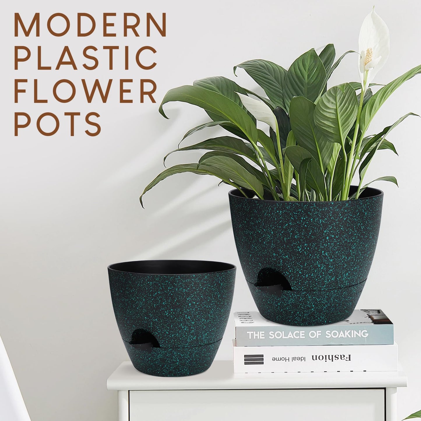 YNNICO Plant Pots 10/9/8/7.5/7 inch, Self Watering Planters with Drainage Holes & Saucers for Indoor and Outdoor Plants (Green Speckles)
