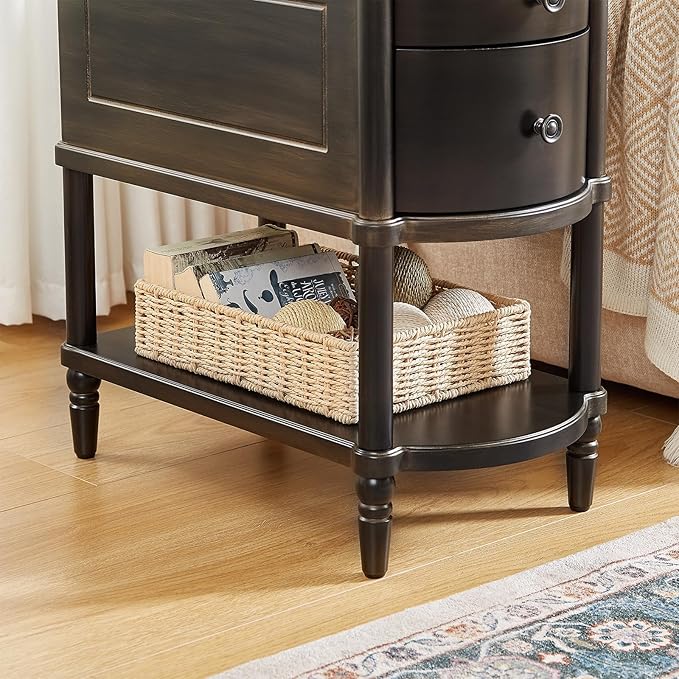 ONBRILL Narrow End Table with Charging Station, Pre-Assembled Nightstand with 2