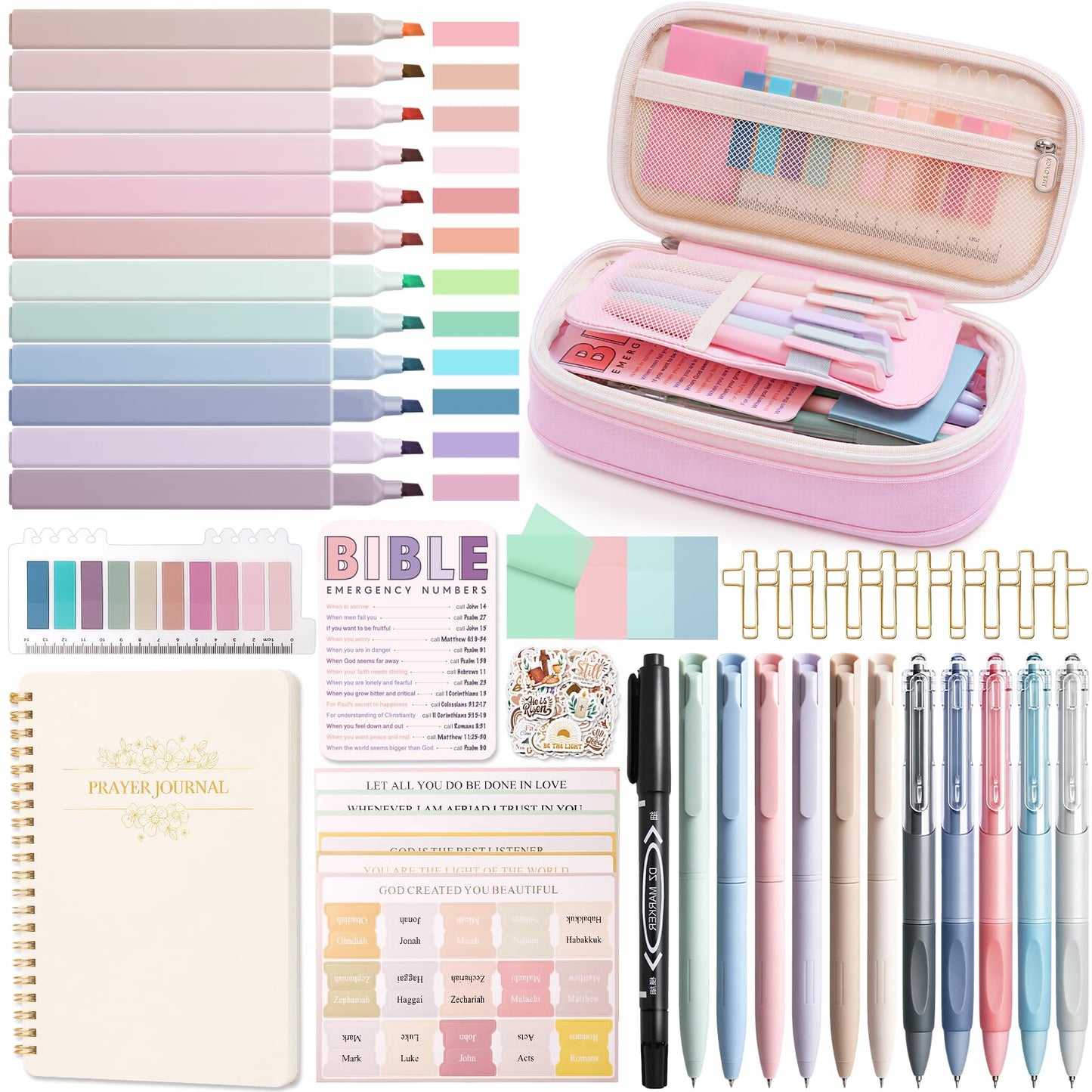 XKDOUS 60 Pcs Bible Study Supplies, Bible Study Kit for Women, Bible Journaling Supplies with Spiral Notebook Journal, Bible Tabs, Pen Case and More, Bible Highlighters and Pens No Bleed for Books