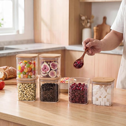 SENTVEND 24 Oz Glass Storage Jars with Bamboo Lids - 6 Pack Clear Glass Canisters Square Airtight Stackable Ideal for Pantry Storage Containers Organizers Great for Storing Oats Coffee Beans Nuts etc