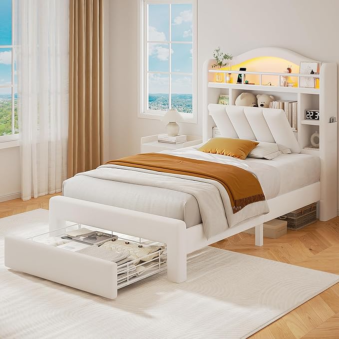 Twin Size Bed Frame with LED Storage Headboard & 2 Storage Drawers, Velvet