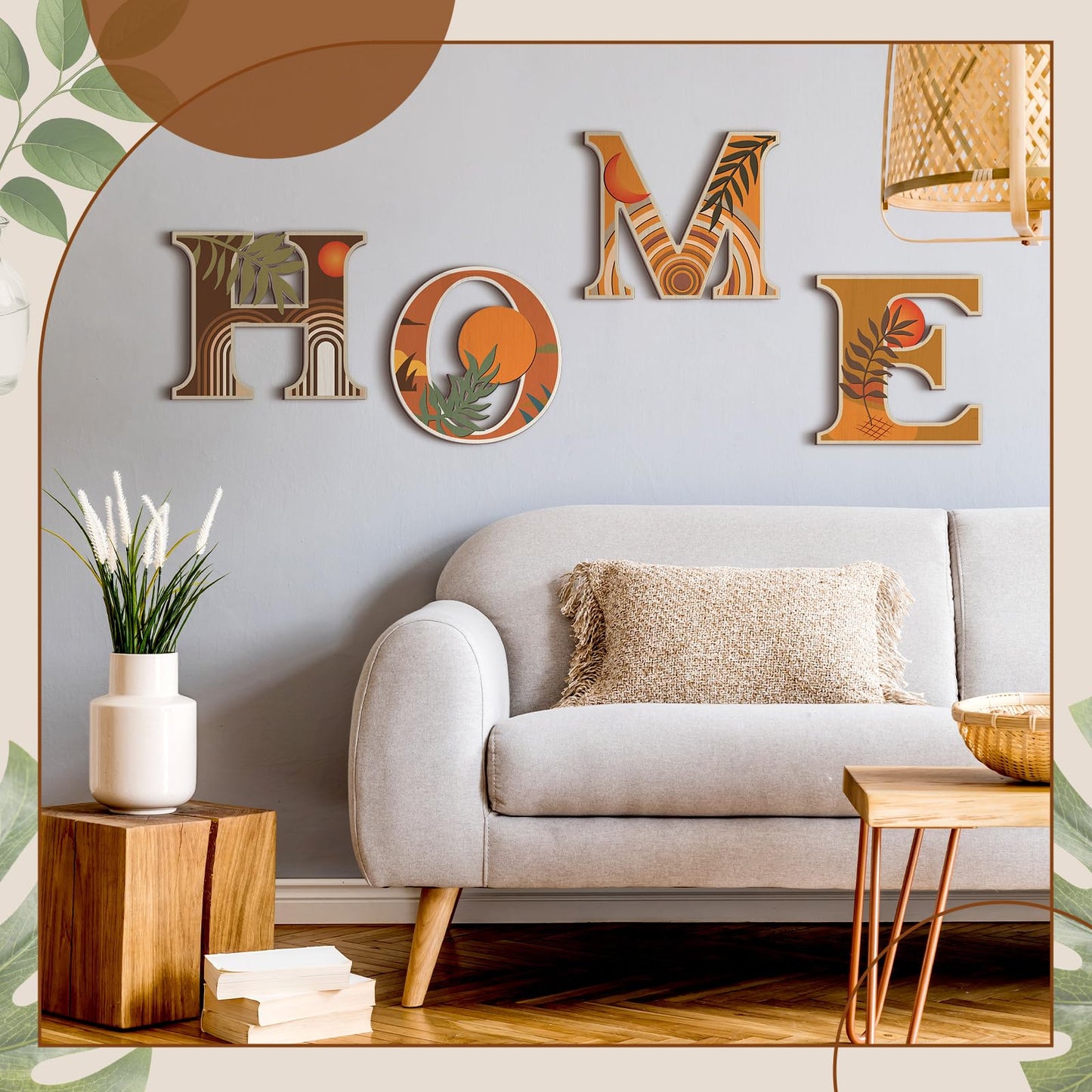 Honoson 4 Pcs Orange Boho Wall Art Decor Aesthetic Wood Home Letters Sign Hanging Orange Abstract Wall Art Rustic Farmhouse Geometric Sun Moon Leaves for Decorative Living Room Kitchen Bedroom