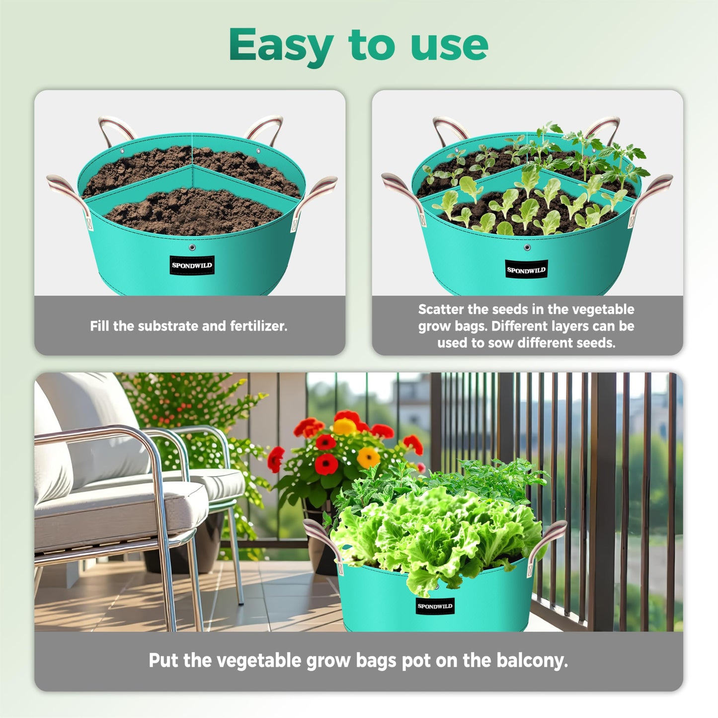 SPONDWILD [Upgraded] 2 Pack 10 Gallon 3 Compartment Grow Bag, Vegetable Growing Bag Thickened PE Garden Pots with Drainage Holes, Branch-Binding Holes, Reusable Plant Bag for Vegetables,Flowers