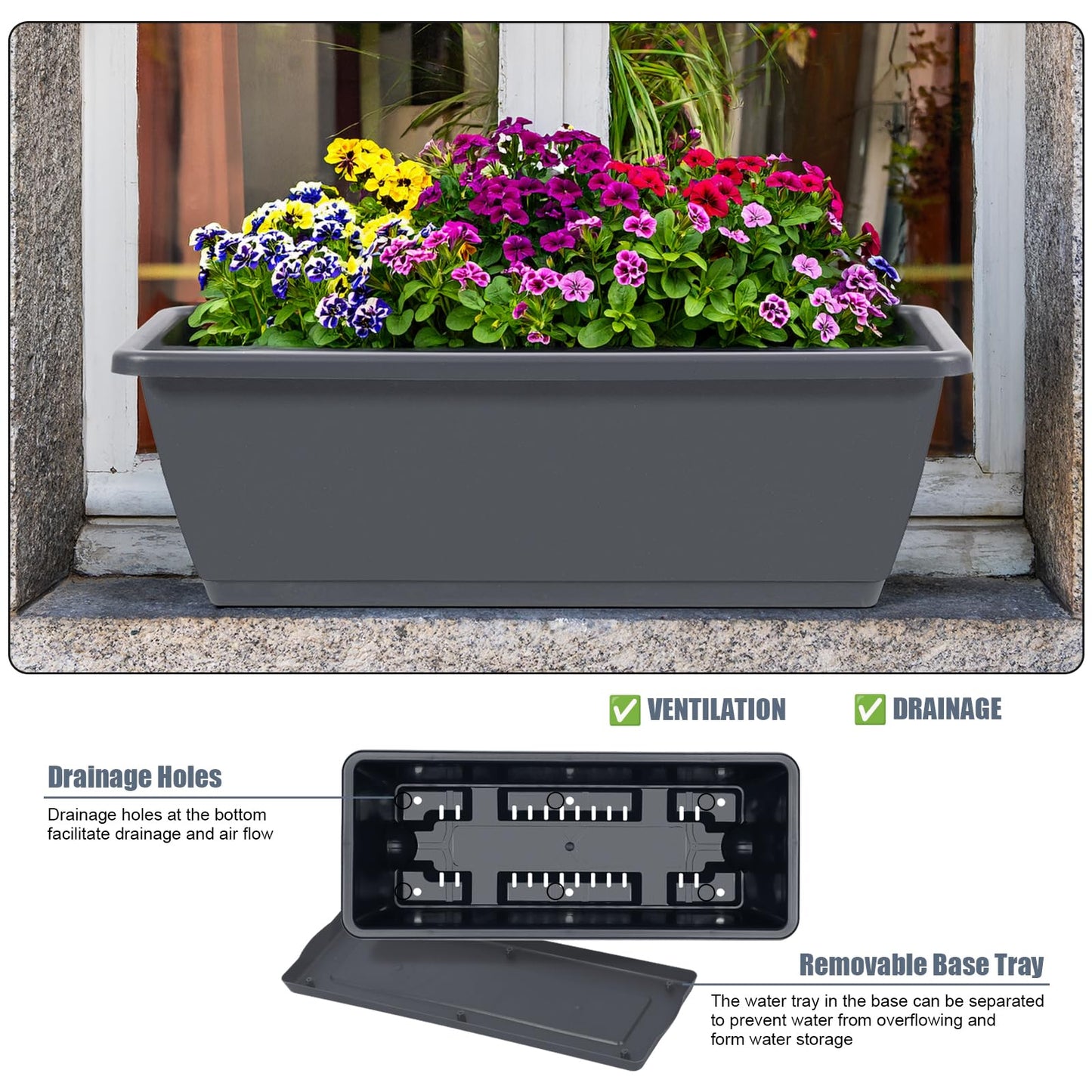 Deck Railing Planter Boxes 2 Tier Grey Window Boxes Planters Set of 2 with 4 Pack Rectangular Planter 16.9 Inch Outdoor Balcony Hanging Planters with Adjustable Brackets for Garden Porch Patio