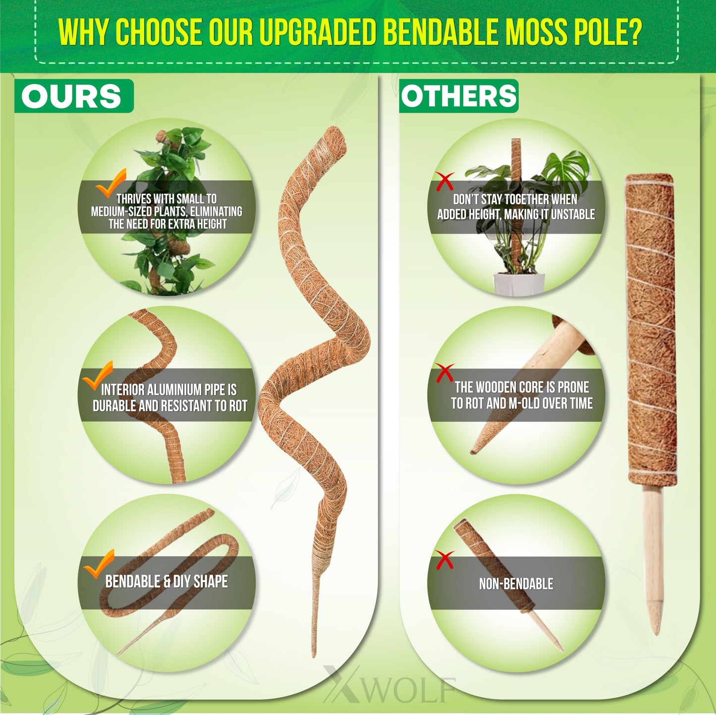 2 Pack 48 Inch Bendable Moss Pole Monstera Plant Support for Climbing Indoor Plants, Tall Coir Plant Pole Sticks & Plant Stakes for Pothos, Philodendron & Potted Plants, Includes Plant Ties