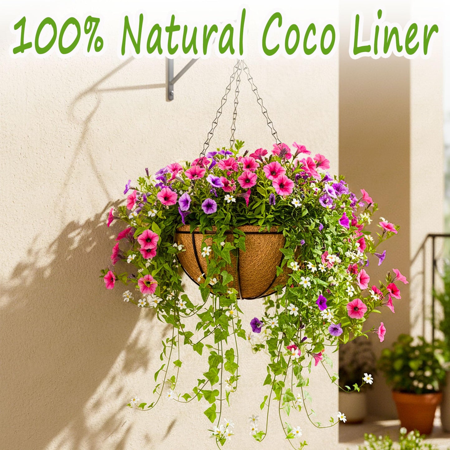 SMYAXUNW 2 Pack Hanging Planters 12 Inch Metal Hanging Planter Basket Flower Pots with Coco Coir Liners Round Wire Plant Holder for Indoor Outdoor Patio Porch Garden Railings Decoration