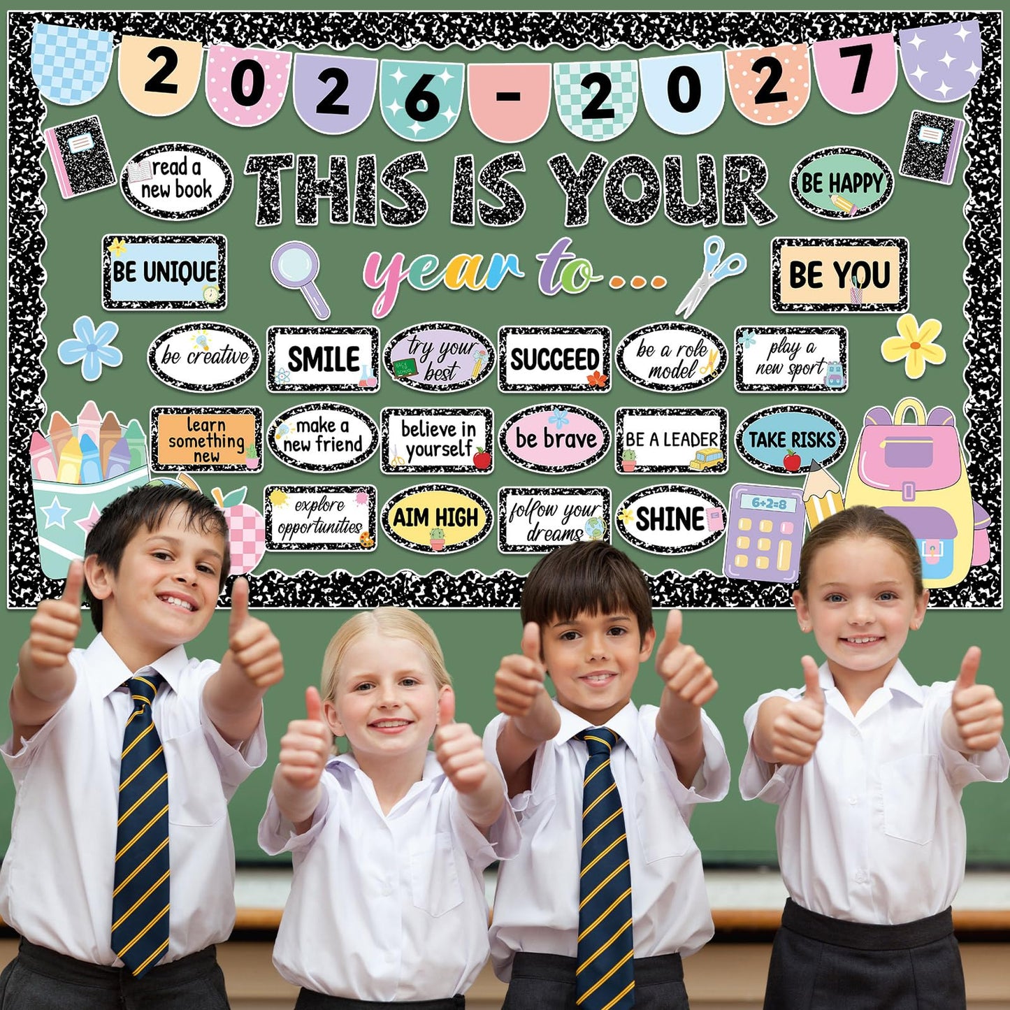 This is Your Year Bulletin Board Set Composition Notebook Classroom Decoration Inspirational Positive Affirmation Cutouts Welcome Back to School Bulletin Board for Office Chalkboard Wall Supplies