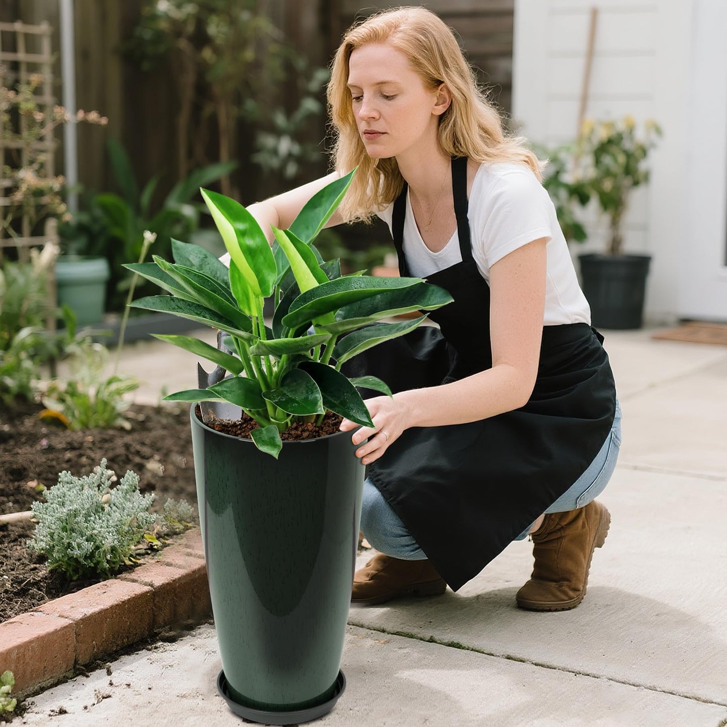 Neoaider 24/21/12 Inch Large Plastic Planter, Lightweight Ceramic-Look Tall Planters with Drain Hole & Saucers, Tall Plastic Planters for Porch, Garden, Patio, Balcony(Dark Green)