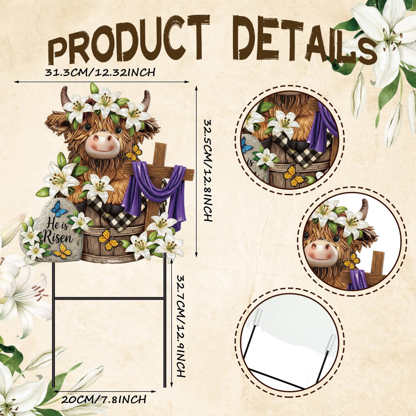 Amyhill Easter Outdoor Decor Highland Cow Metal Garden Stakes Decorative He is Risen Highland Cow Yard Signs with Stakes Cattle Lily Yard Sign for Easter Christian Holiday Garden Lawn Decor