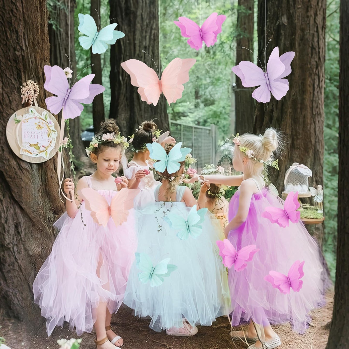 OBBOLO 3D Hanging Butterfly Decorations, Butterfly Birthday Party Decorations, 4 Pcs Crepe Paper Butterfly Hanging Decorations for Girls, Women, Flower Garden Party Decorations