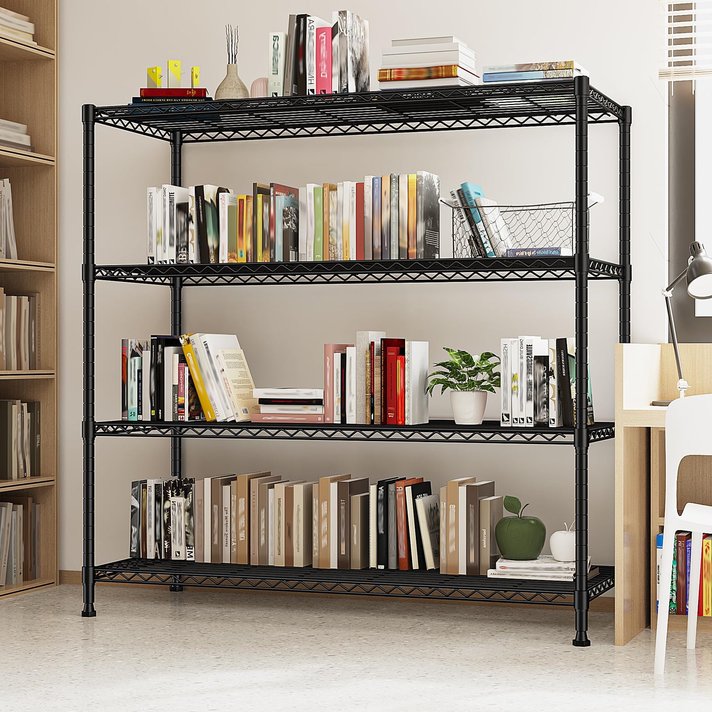 45 "W Metal Shelving Unit 4 Tier Storage Shelves Adjustable Wire Shelving Metal Shelf Pantry Shelves Wire Rack Commercial Shelving for Kitchen Pantry Utility Room Garage 45 "W x 59.4 "Hx 13.5" D Black
