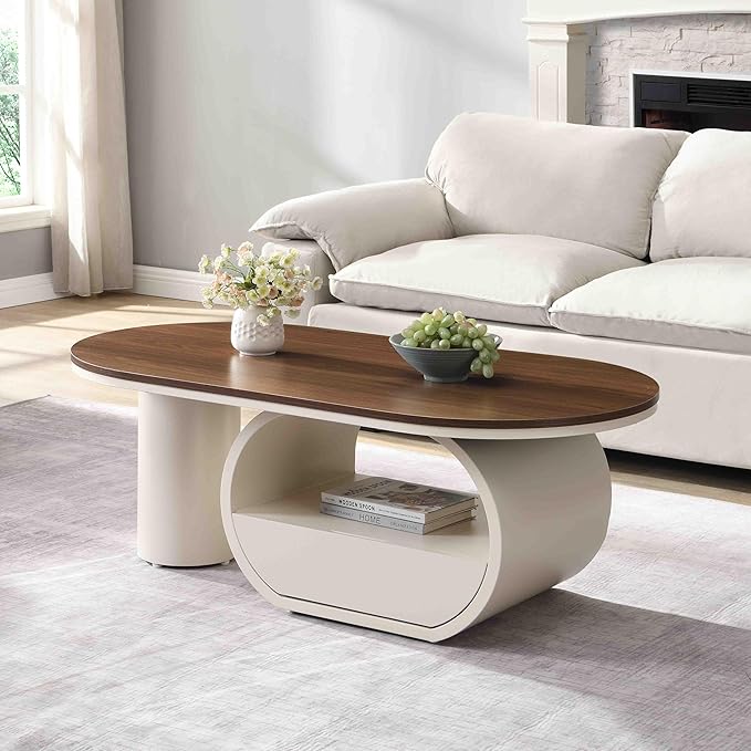 Modern Oval Coffee Table, 47.24" Brown Wood Top Coffee Table