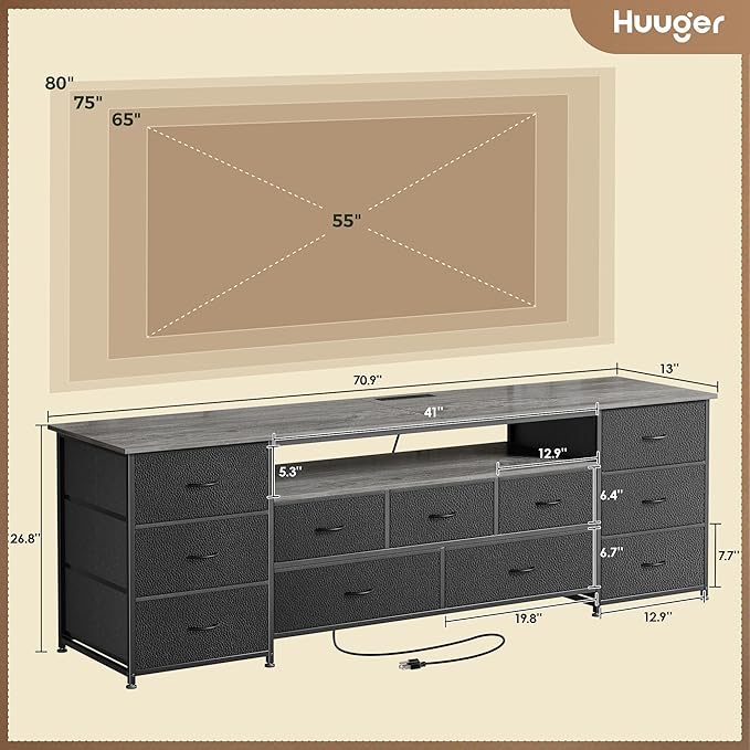 Huuger 70 Inch TV Stand for 75, 80 Inch TV, 11 Drawer Long Dresser