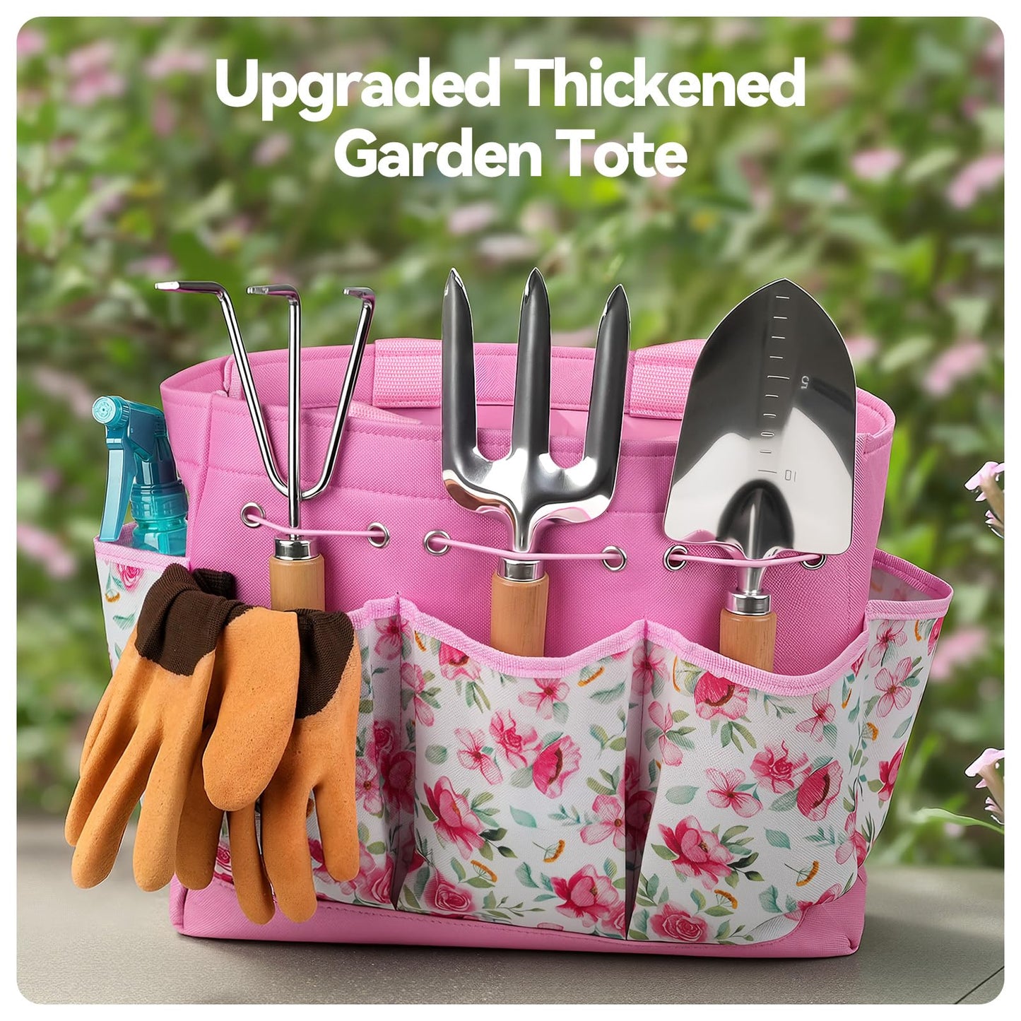Grenebo Gardening Tools 9-Piece Heavy Duty Garden Hand Tools with Fashion and Durable Garden Tools Organizer Handbag, Rust-Proof Garden Tool Set, Ideal Gardening Gifts for Women (Pink)