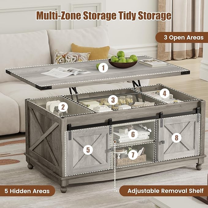 ALLSTAND 48" Farmhouse Lift Top Coffee Table