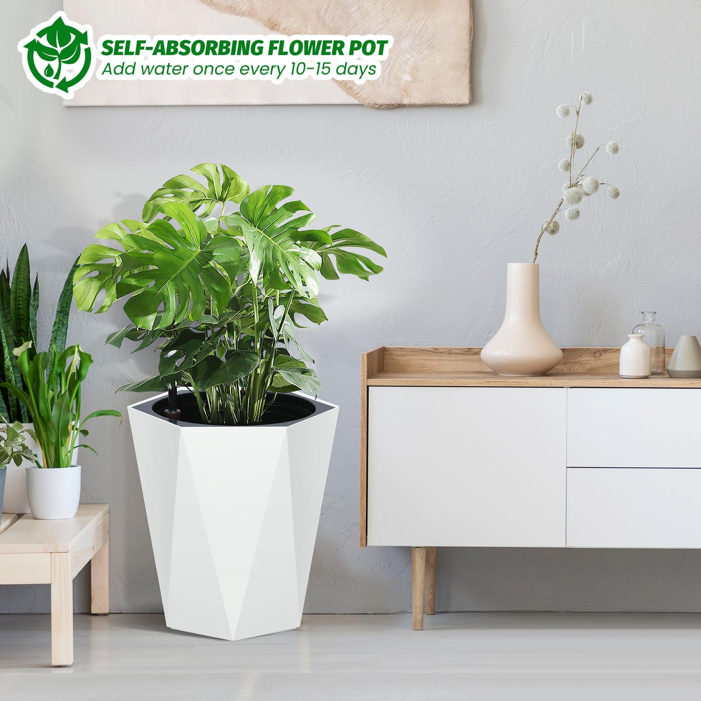GarveeLife 16 Inch Tall Planters Set of 2, Outdoor Planters Self Watering Plant Pots with Water Level Monitor, Multiple Drainage Holes, Flower Pots for Patio, Porch, Living Room, or Home Office, White