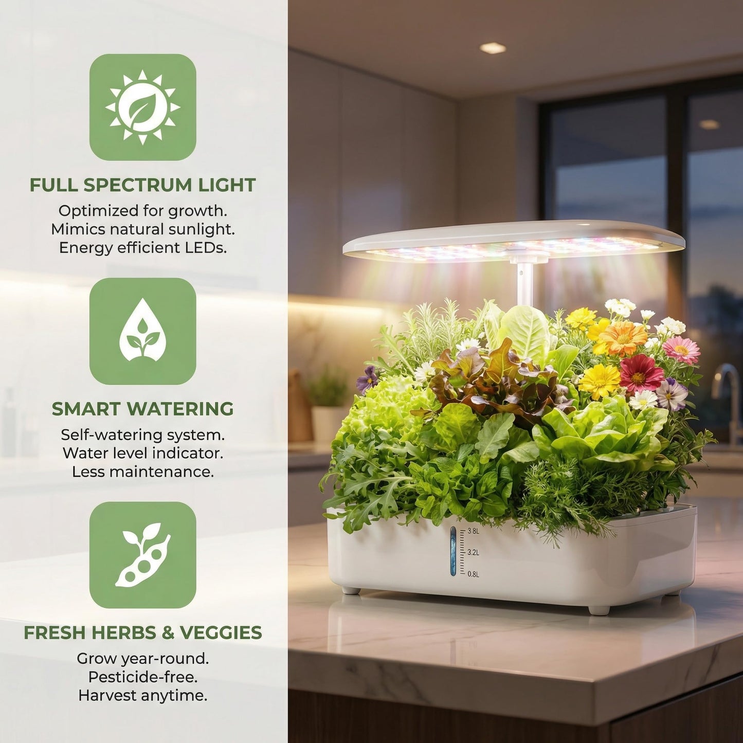 Hydroponics Growing System Kit, Soil-Free Indoor Herbs Garden, 12 Pods Plant Growth Equipment with 24W Full Spectrum LED Grow Light, Smart Silent Cycle Water Pump, 3.8L Tank for Gardening