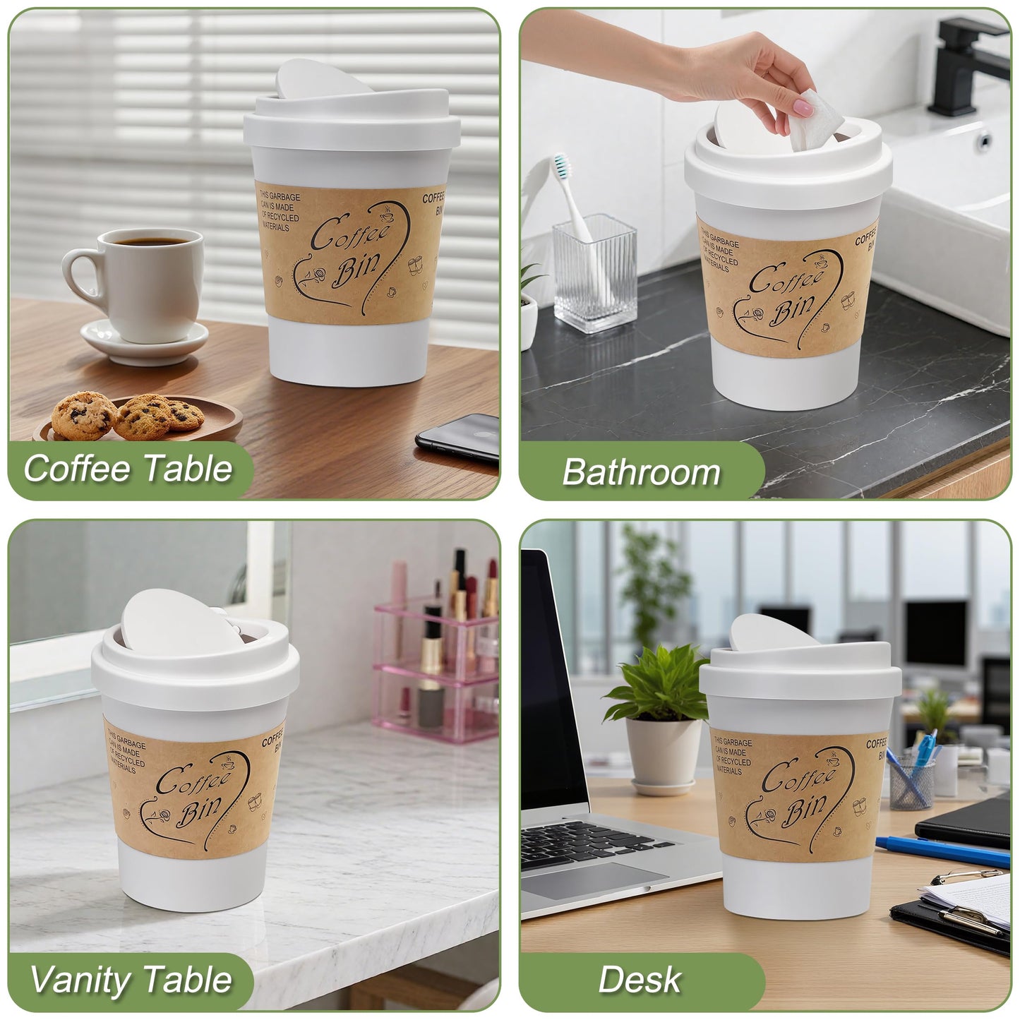 Soddeph Plastic Mini Trash Can with Swing-Top Lid, 0.9 Gallon Desktop Waste Bin for Coffee Table, Office, Small Countertop Wastebasket for Counter, Vanit (White, Small)