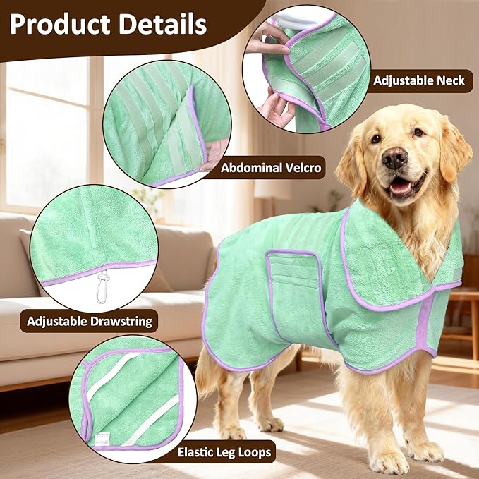 Soft Dog Bathrobe Fast Drying Dog Coat, Super Absorbent Dog Towels for After Bath, Microfiber Pet Robe Adjustable Collar & Belly Warm Keeping Dogs Coat for Pet Dogs & Cats (Green, X-Large)