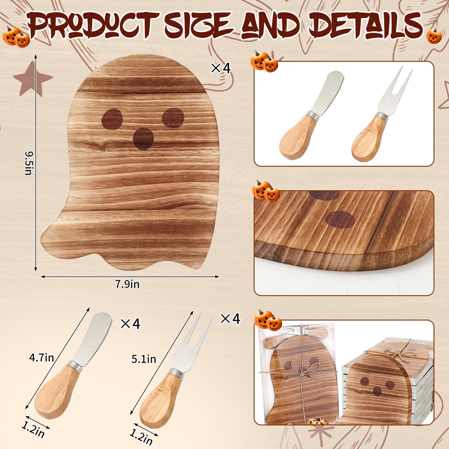 JarThenaAMCS 4 Pack Halloween Cheese Board Cute Ghost Boo Small Cutting Serving Tray Platter with Knife Set for Charcuterie Trick or Treat Party Home Decoration
