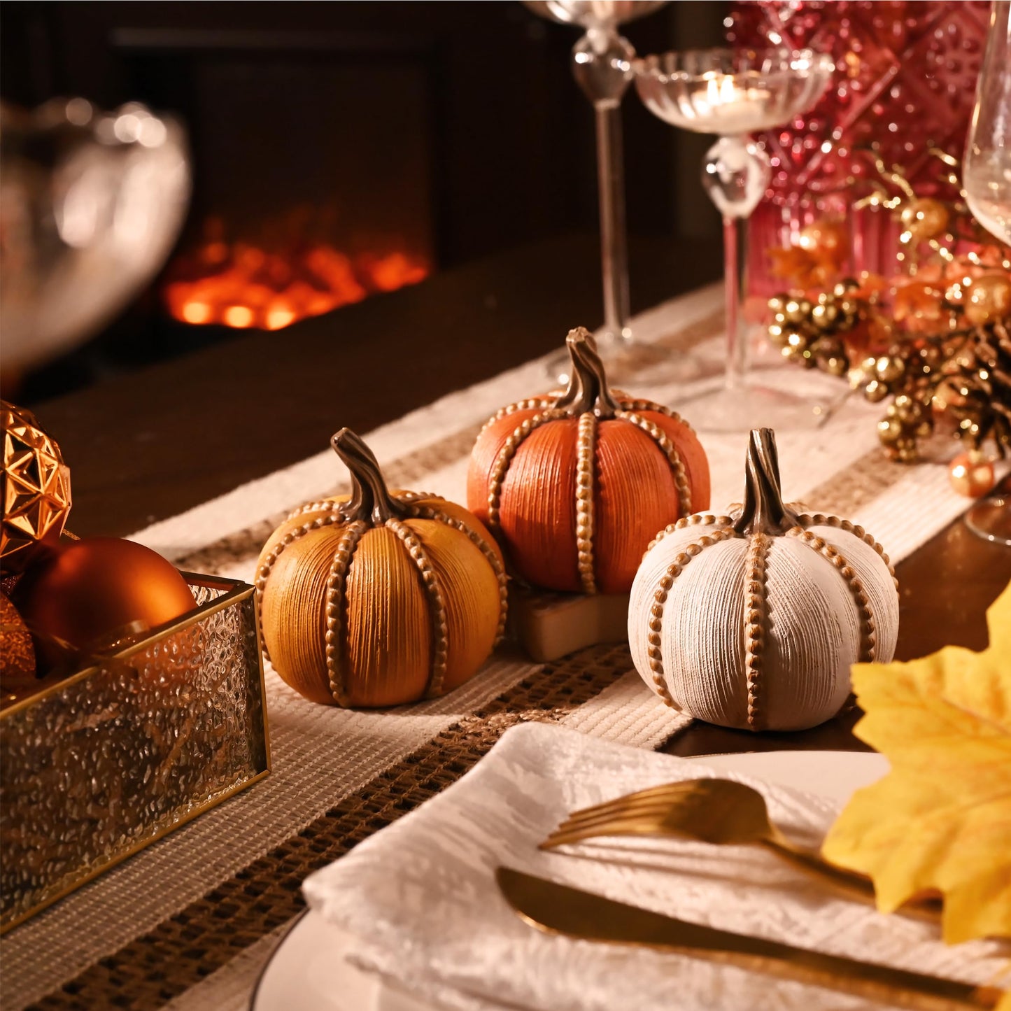 Valery Madelyn Fall Decorations for Home, Set of 3 Resin Fall Pumpkin Decor Indoor, Decorative Pumpkins Table Centerpieces Autumn Thanksgiving Halloween Decorations, 3.5 Inch