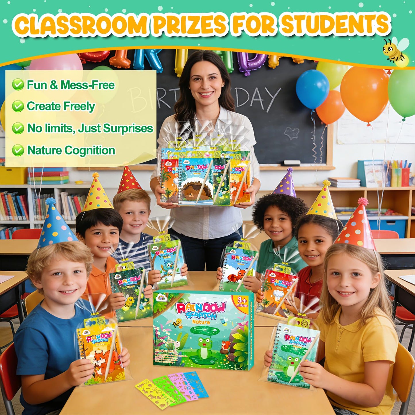 ZMLM 24 Pack Scratch Art Party Favors for Kids 4-8 – Individually Wrapped Rainbow Notebooks, Mess-Free Goodie Bag Stuffers, Non-Candy, Classroom Prizes, Travel Crafts for Boys Girls(Nature)