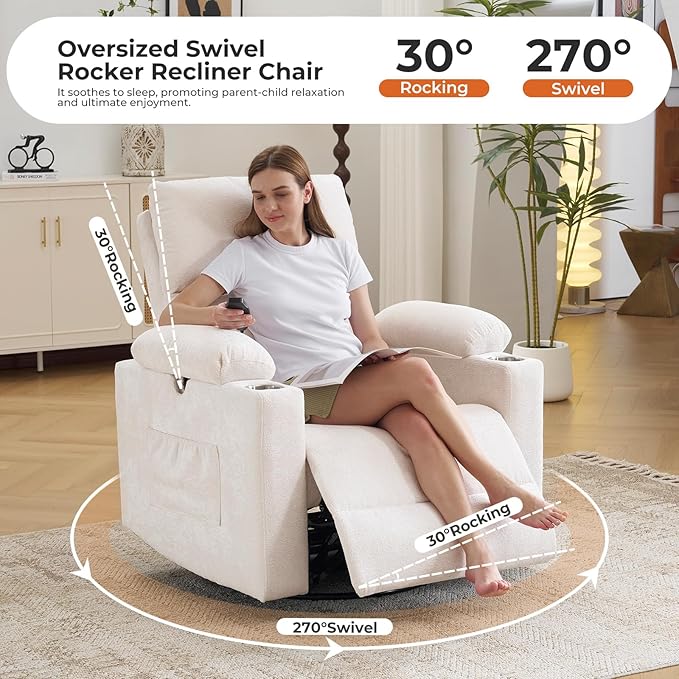 Rocking Chair Nursery with Adjustable Armrests, Electric Glider Recliner