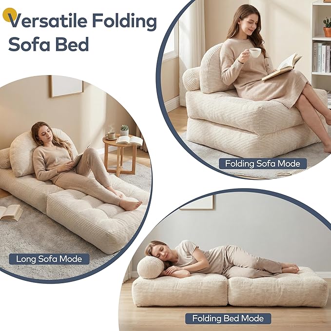 Convertible Corduroy Floor Sofa, 3-in-1 Folding Lazy Sofa Bed