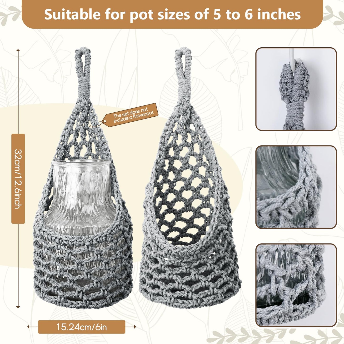 HOREAKHJ Macrame Wall Plant Hanger, Hanging Planter Basket Holder, Wall Planters for Indoor Plants, for Up to 6 Inch Pot (Grey, 6-Inch)