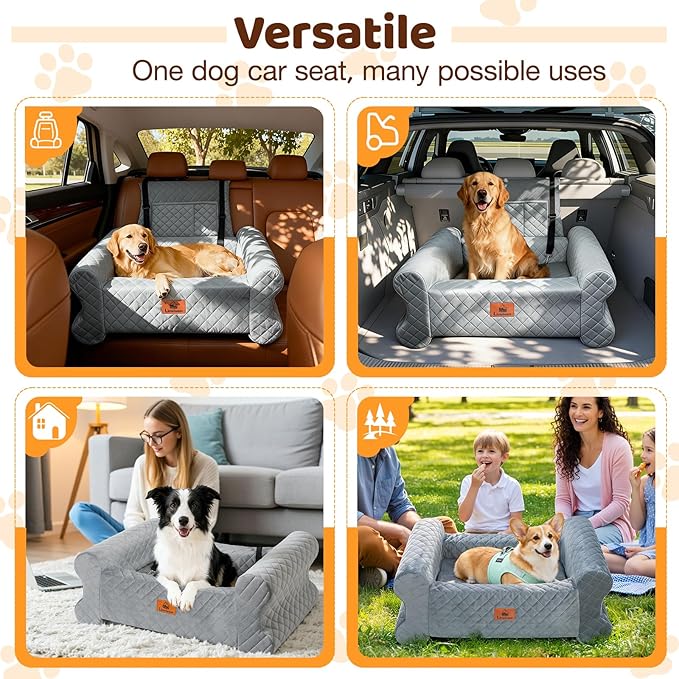 Dog Car Seat for Medium/Large Dogs up to 60 lbs, Pet Car Seat for Back, Memory Foam Dog Booster Seat with Thick Cushion, Detachable Washable Cover, Storage Pockets for SUV, Pick Up, Trunk, Grey