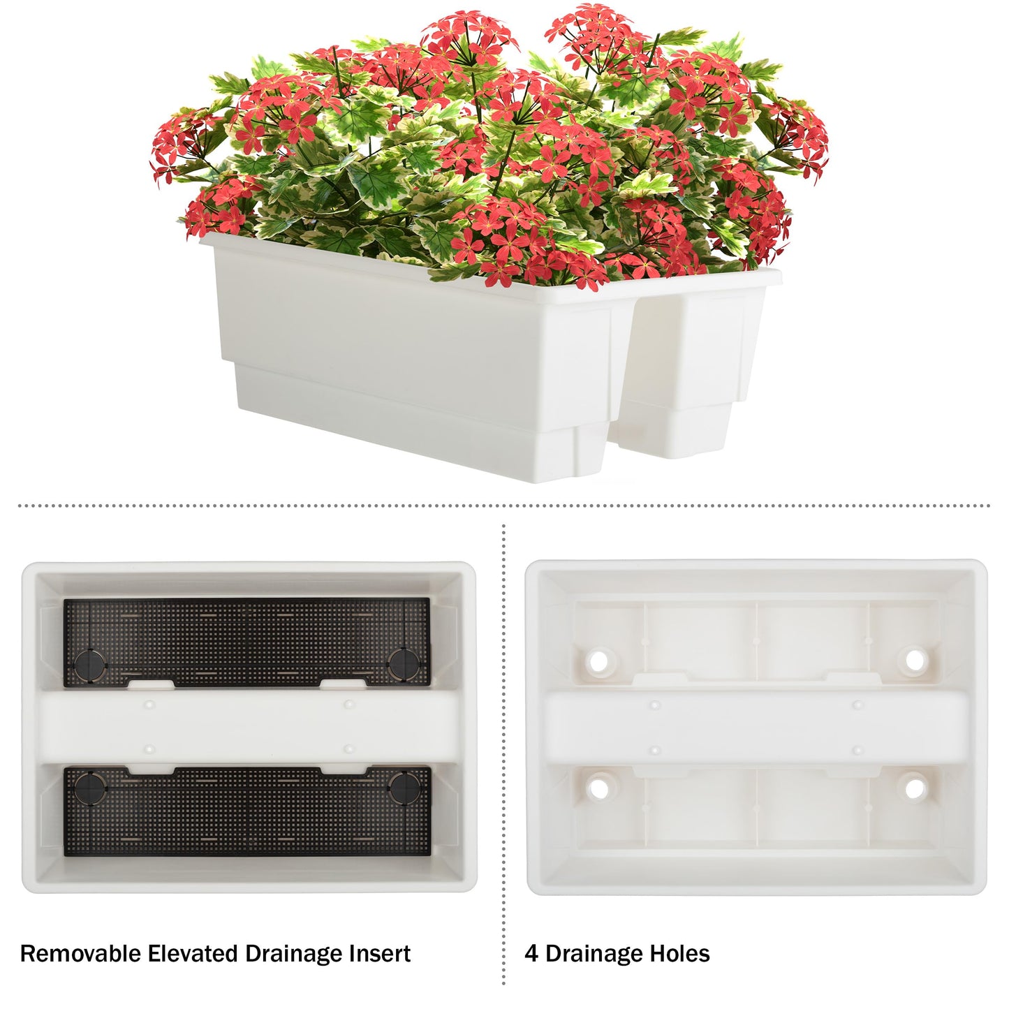 Railing Planter Box 2-Pack - 20.75-Inch Flower Boxes with Removable Drainage Inserts - 6-Gallon Outdoor Planters for Porch, Deck, or Balcony Decor, Fits Rail 3” - 4” by Pure Garden (White)