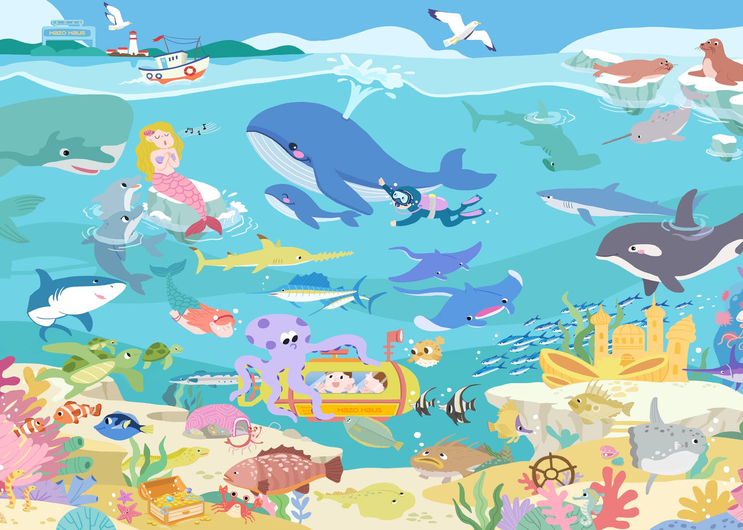 Ocean Themed Rug for Kids Room – 6x9 Blue Rug for Kids Room, Sea Creatures & Mermaid, Fish, Washable Non Slip Soft Carpet for Classroom, Bedroom or Playroom