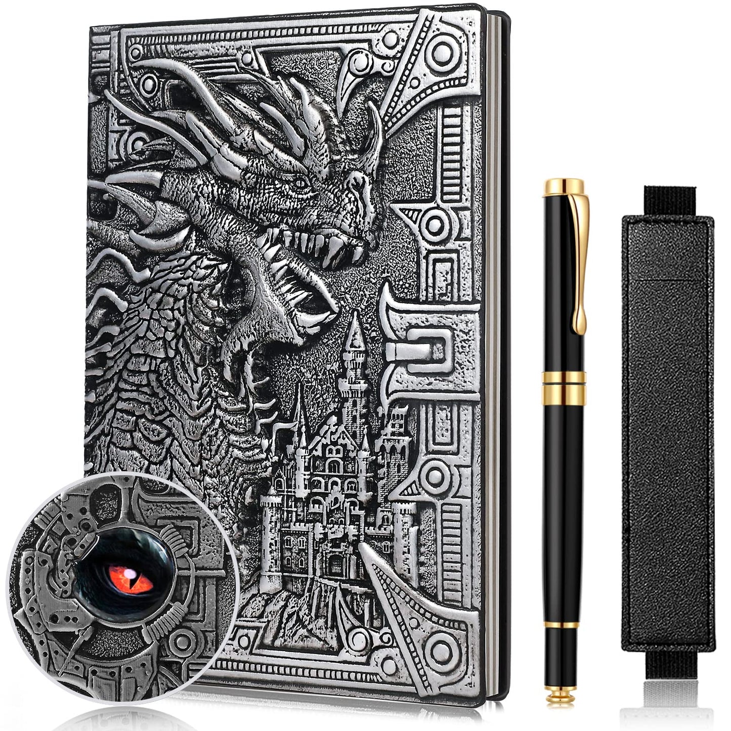 Vintage Dragon Embossed Leather Notebook DND Notebook Travel Journal with Black Ballpoint Pen and Pen Sleeve.Antique Handmade A5 Journal,Hardcover Liner,Writing Notebook Gift for Men&Women(Silver)