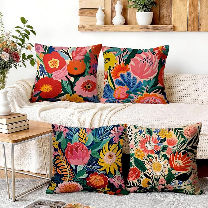 OBSEDE Floral Decorative Throw Pillow Covers 18x18 Set of 4, Double-Sided Print