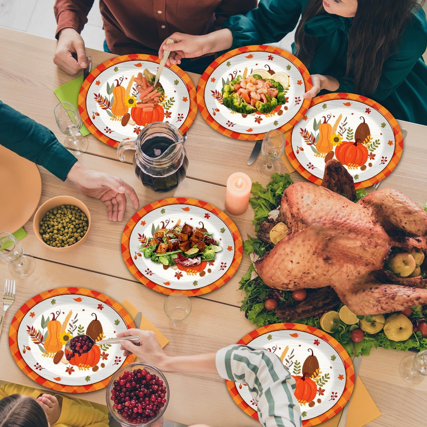 QOUBAI 50Pcs Thanksgiving Fall Oval Plates 11 Inch Large Autumn Pumpkin Maple Leaves Disposable Paper Plate Orange Plaid Platter Dish Tray Tableware Dinnerware Fall Harvest Party Decoration Supplies
