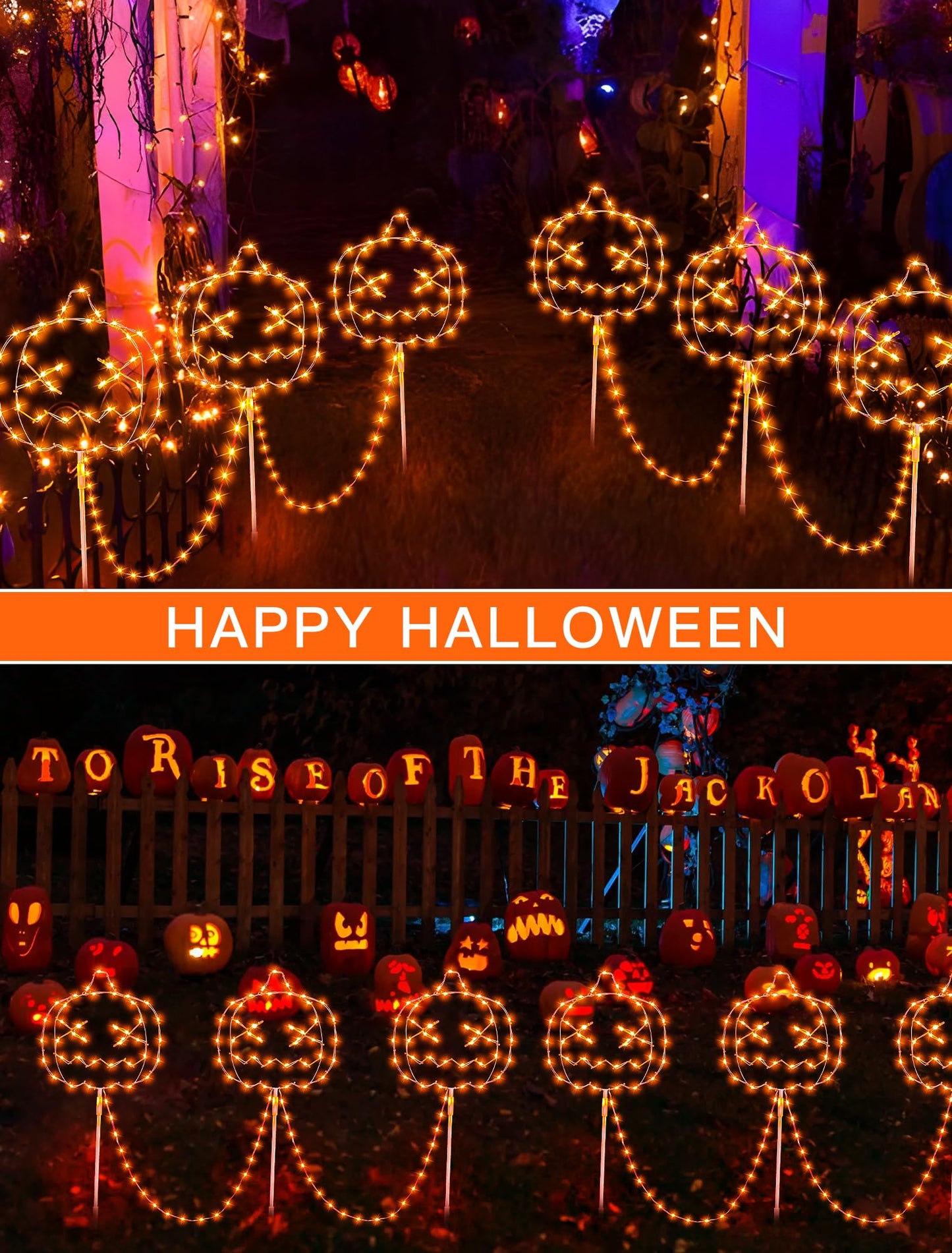 Qunlight Halloween Walkway Lights,163LED Outdoor Pumpkin Decorations Light Plug in,Timer 8 Modes Garden Stake String Lights for Pathway,Fence,Patio,Yard,Party,Halloween Decor-Orange